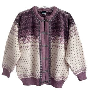 Vintage Dale of Norway Pink Purple Blue Cream Fair Isle Wool Cardigan XL